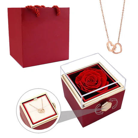 ETERNALLY PRESERVED ROTATING ROSE BOX - W/ ENGRAVED HEART NECKLACE